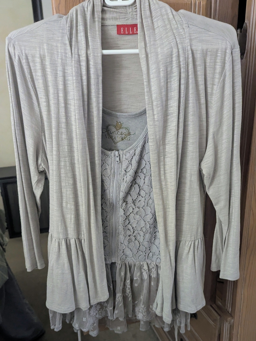 ELLE Light Taupe Lace-Trim Open Front Cardigan